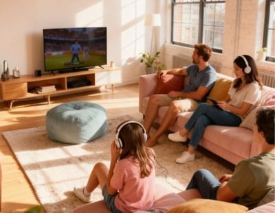 family surrounding the TV