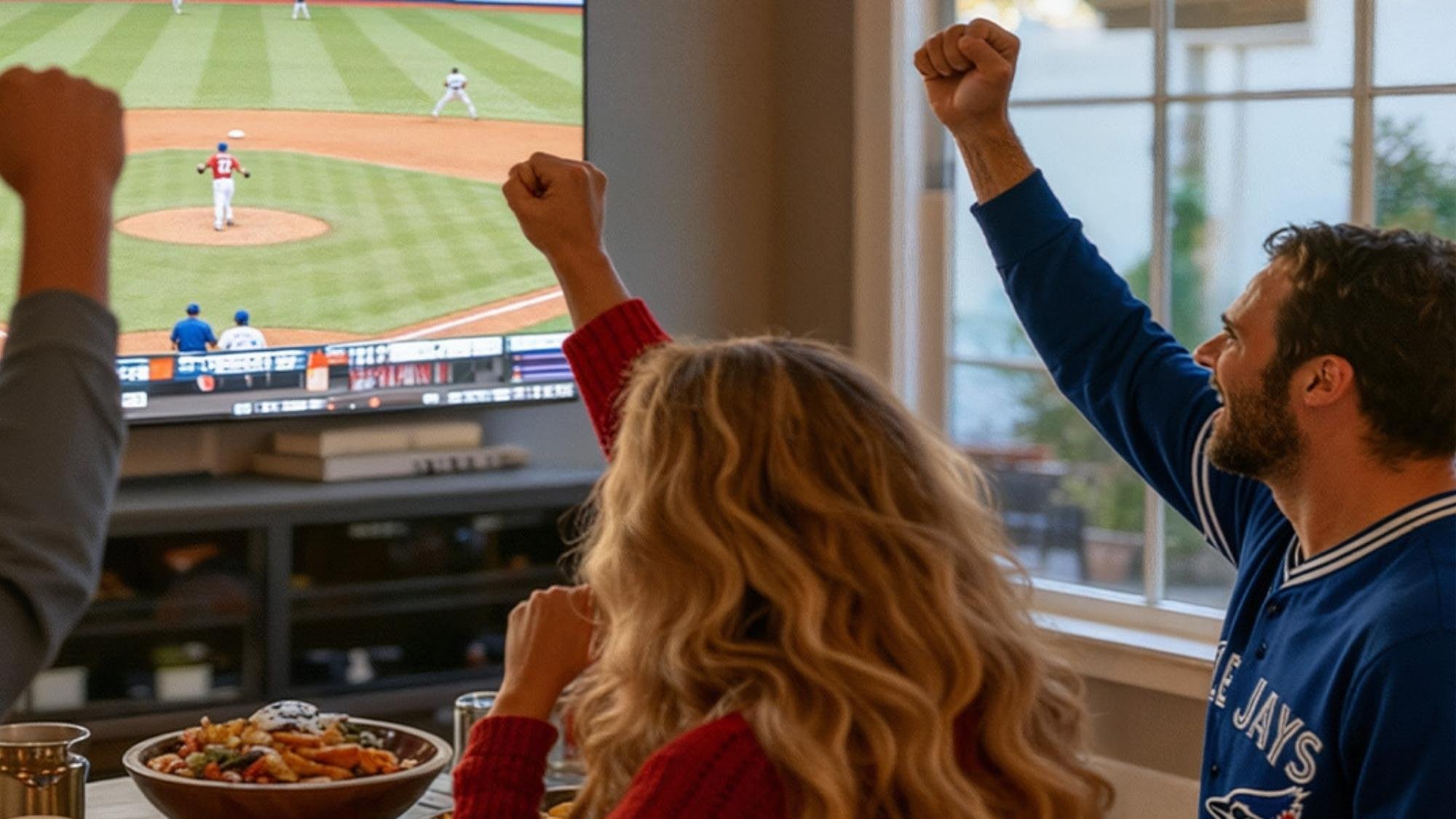 group of adults watching baseball on TV