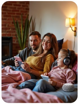 family on sofa with devices