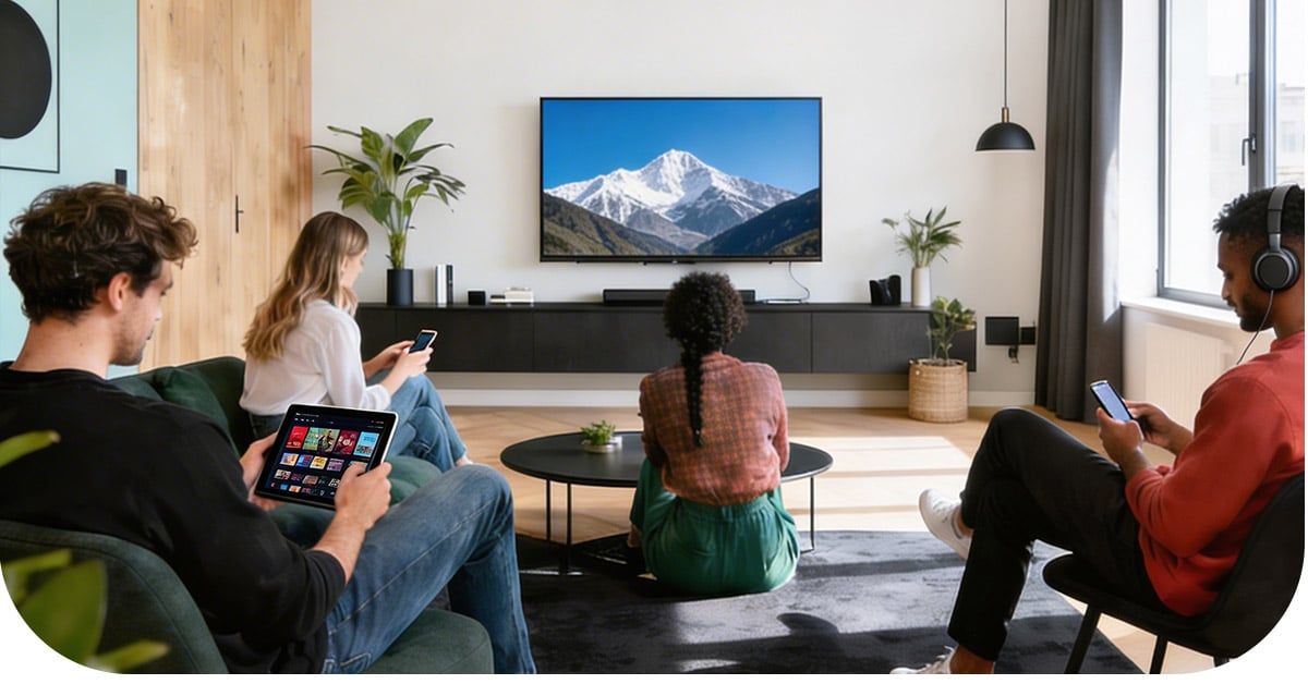 friends watching devices in living room